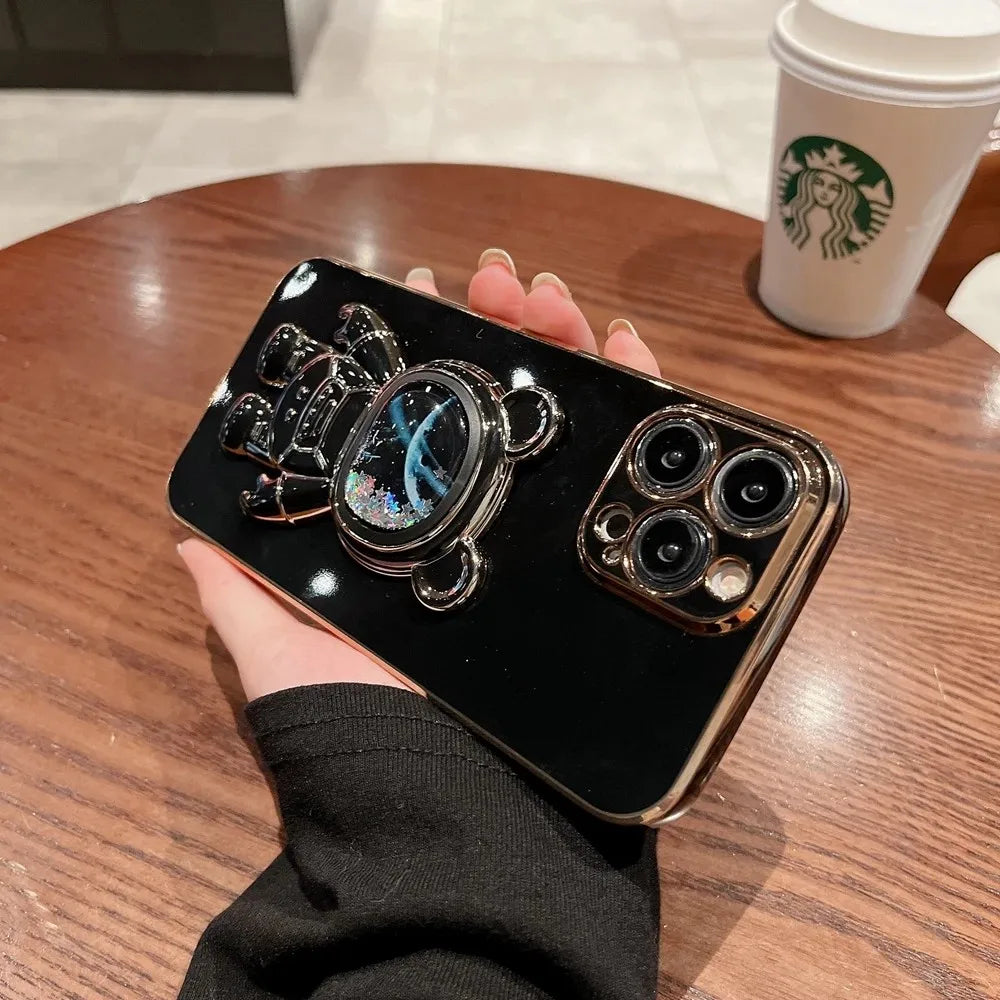 3D Quicksand Bear Bracket Plating Case For iPhone 15