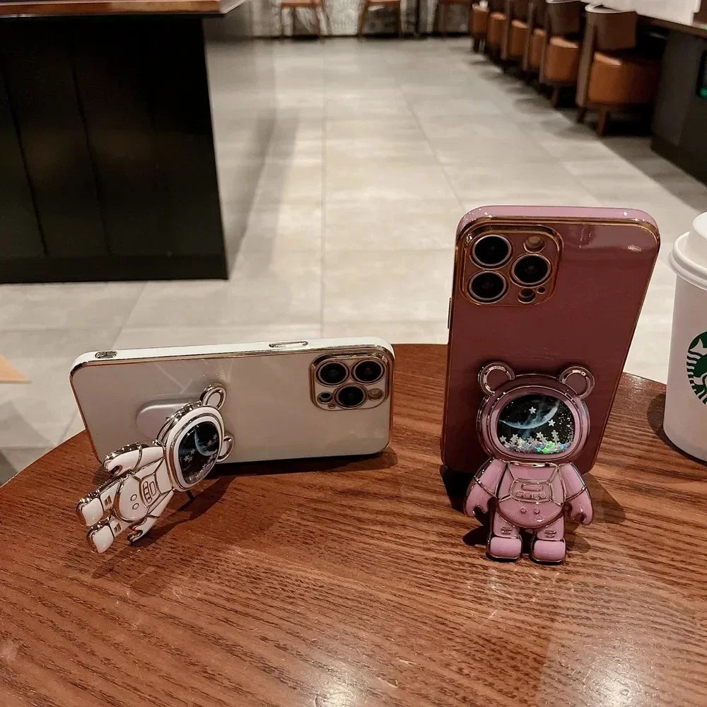 3D Quicksand Bear Bracket Plating Case For iPhone 16