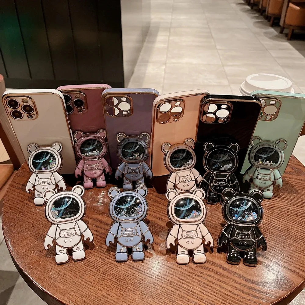 3D Quicksand Bear Bracket Plating Case For iPhone 16